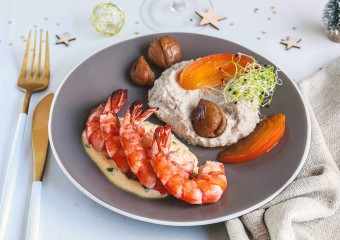 Recette Food4Good - Gambas bio flambées au whisky, purée de céleri et châtaignes